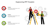 Engineering slide design with three circular icons and captions on the left and a visual of two engineers and gears.