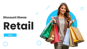 Retail PowerPoint Template with light theme, shopper holding bags, blue shapes and clean structured text layouts.