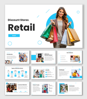 Retail PowerPoint Template with light theme, shopper holding bags, blue shapes and clean structured text layouts.