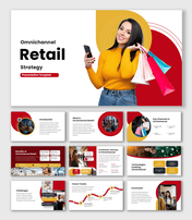 Retail PowerPoint Template with red yellow shapes, shopper with bags, clean layout, icons, and editable text boxes.