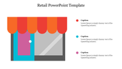 Illustration of a storefront with an orange and red striped awning, paired with three captions on the right.