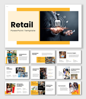 The Retail PPT Presentation with store icon, yellow blocks, shopper images, charts, and sales strategy slides.