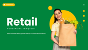 The best retail presentation template showing shopper with bag, product icons, green theme, and retail strategy slides.