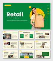 The best retail presentation template showing shopper with bag, product icons, green theme, and retail strategy slides.