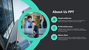 About us slide showing a team at work in a green circle, with three text sections, set against a dark background.