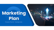 marketing plan blue theme slides with charts, icons, text boxes, and clean structured shapes.
