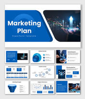 marketing plan blue theme slides with charts, icons, text boxes, and clean structured shapes.