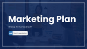 Marketing Plan Template with dark blue theme, charts, icons, shapes, team visuals and business strategy slides.