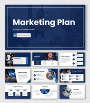 Marketing Plan Template with dark blue theme, charts, icons, shapes, team visuals and business strategy slides.