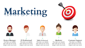 Marketing slide with character icons for team roles and a target icon with an arrow on the right.