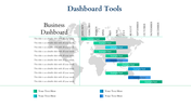 Business dashboard slide featuring a vertical timeline, world map, and color coded bars in green and blue for sections.