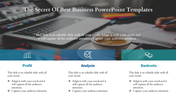 Business PowerPoint template showcasing sections for Profit, Analysis, and Banknote with a professional background image.