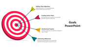 Goals visual featuring a red target and four labeled arrows symbolizing steps for achieving objectives.