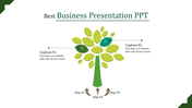 Slide with a green tree graphic, two labeled captions on both sides, and steps 01 to 03 shown at the base of the trunk.