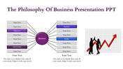 Philosophy of business PPT slide with a central business hub and connected elements, ending with a profit growth chart.