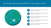 World map design with white flight path illustration, paired with five circular icons with text, in blue theme.