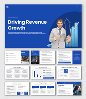 Best Sales Presentation Templates with blue theme, growth chart image, icons, shapes and clean revenue slides.