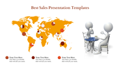 Business presentation slide featuring a world map with data points and a meeting between two figures.