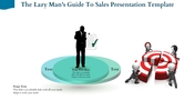 Sales template featuring a silhouette on a teal platform with a checklist and a group working on a fragmented red target.