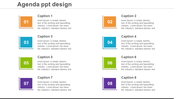 Colorful agenda PowerPoint design with eight numbered captions and descriptions arranged in a grid format.