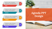 Color-coded agenda with four sections, placed next to a design header on an orange banner.