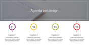 Agenda PowerPoint template featuring four caption sections with circular icons and a background image of a yearly planner.