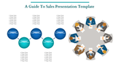 Infographic featuring five connected blue and teal circles with text and a group of people at a round table on the right.