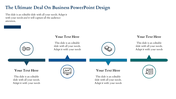 Sales PowerPoint design featuring icons for puzzle pieces, money, analytics, and document review with text captions.