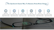 Business PPT slide design with six sections featuring icons with placeholder text on a background with open glasses and text.