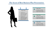 Business template with labeled sections for planning stages, including titles, icons, and text descriptions.