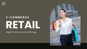 Retail PowerPoint Template with beige dark theme, shopper image, icons, and clean text layout design.