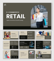 Retail PowerPoint Template with beige dark theme, shopper image, icons, and clean text layout design.