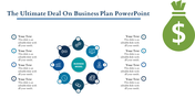 Business plan template featuring a circular layout of eight numbered icons linked to a central circle.