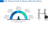 Semi circular infographic with five segments, a silhouette at the base, and two 3D figures shaking hands to the side.