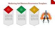Marketing and Business presentation template with text fields, numbered steps, and a drafting compass graphic.