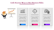 Business slide with a cartoon character presenting a graph and three labeled panels featuring icons and text.