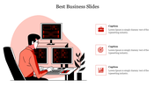 Business slide featuring a person working with multiple monitors, with icons and captions.