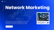 Network marketing slides with blue theme, world map, charts, icons, diagrams, and structured text layouts.