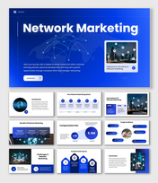 Network marketing slides with blue theme, world map, charts, icons, diagrams, and structured text layouts.