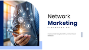 The network marketing presentation with blue color theme, team network icons, charts, and business model diagrams.