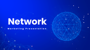 Network marketing slides with blue theme, globe graphic, icons, charts, diagrams, and structured text sections.