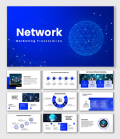 Network marketing slides with blue theme, globe graphic, icons, charts, diagrams, and structured text sections.