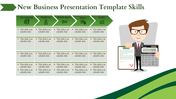 Business table with five categories, editable text, and a cartoon businessman holding a clipboard and calculator.