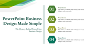 Green themed layout with four hexagonal numbered icons on the right and a title with text on the left.