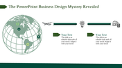 Business infographic with a globe, location pins, airplane, lightbulb, and currency icons connected by horizontal arrows.