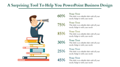 PowerPoint business design slide with a person on a stack of books and percentage labels with placeholder text.