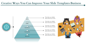 Teal pyramid diagram with five labeled layers, a target icon on the left, and an illustration of people working at a table.