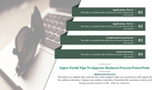 Business process slide with steps from application to loan guarantee, featuring a laptop and sunglasses in the background.