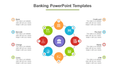 Circular banking themed slide featuring eight colored icons with text descriptions on a white backdrop.