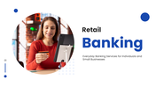 Banking PowerPoint Templates with retail card payment photo, blue circle shapes and clean white layout.